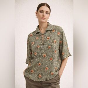 The Kooples Pure Silk Floral Lace Up Blouse Sage Green Boho Luxury Top Size S